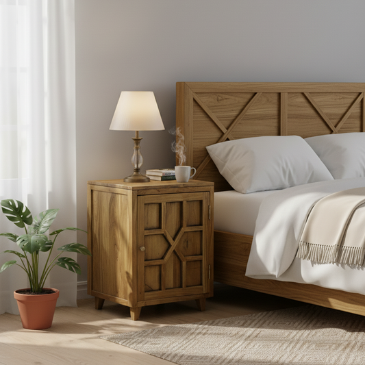 Mesita de noche de madera con diseño arabesco - Bisagra derecha | Acacia Punjab