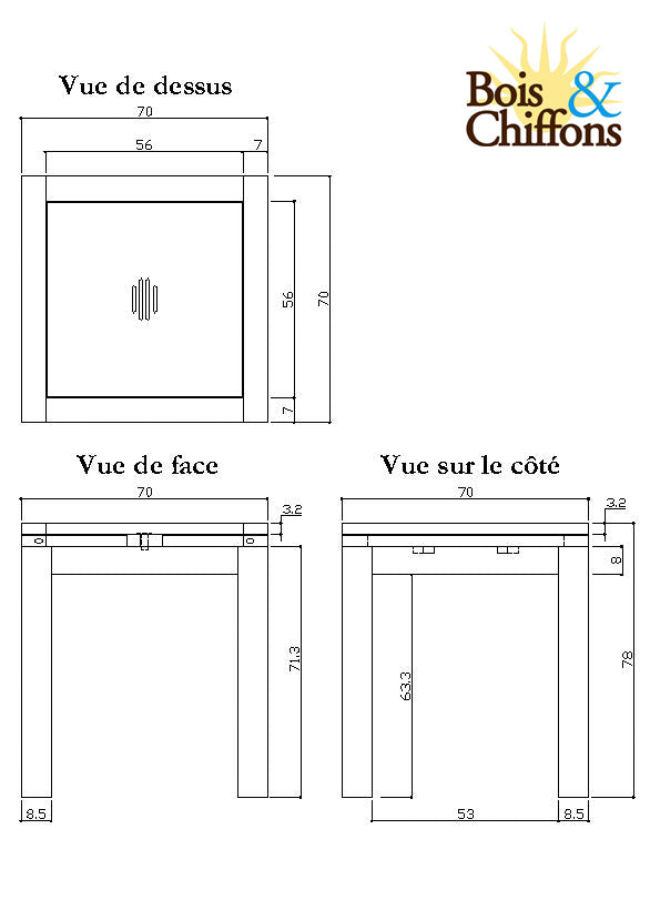 Table carrée 70x70 à rallonges