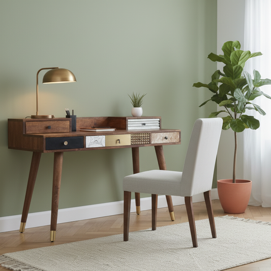 Bureau multi-matériaux peau de vache bois sculpté | Manguier Terranova