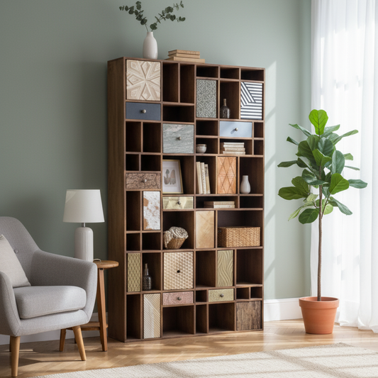 Bibliothèque multi-matériaux peau de vache bois sculpté | Manguier Terranova