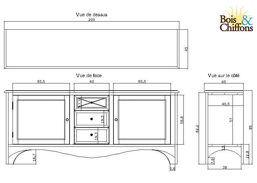Aparador de 2 puertas y 3 cajones | Madera de mango de Pondicherry