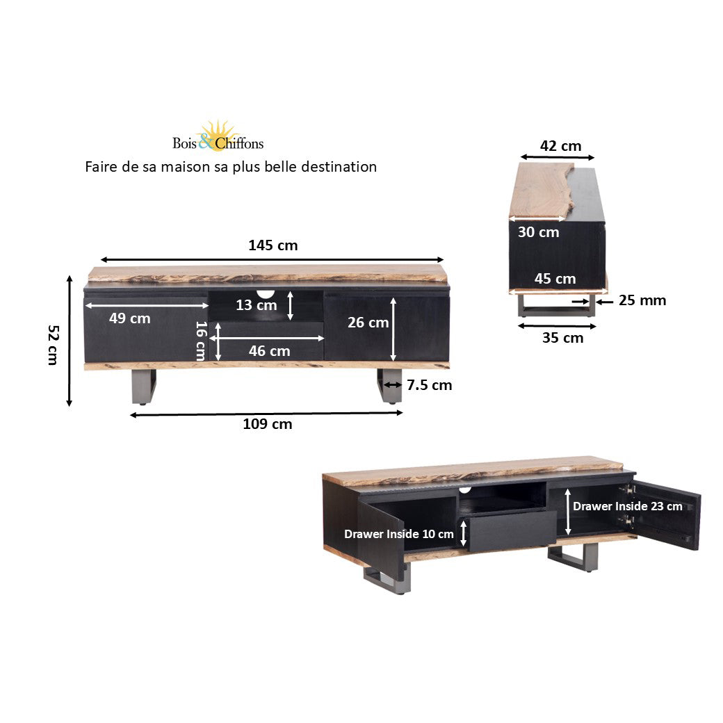 Meuble TV 2 portes 1 tiroirs | Acacia Black II