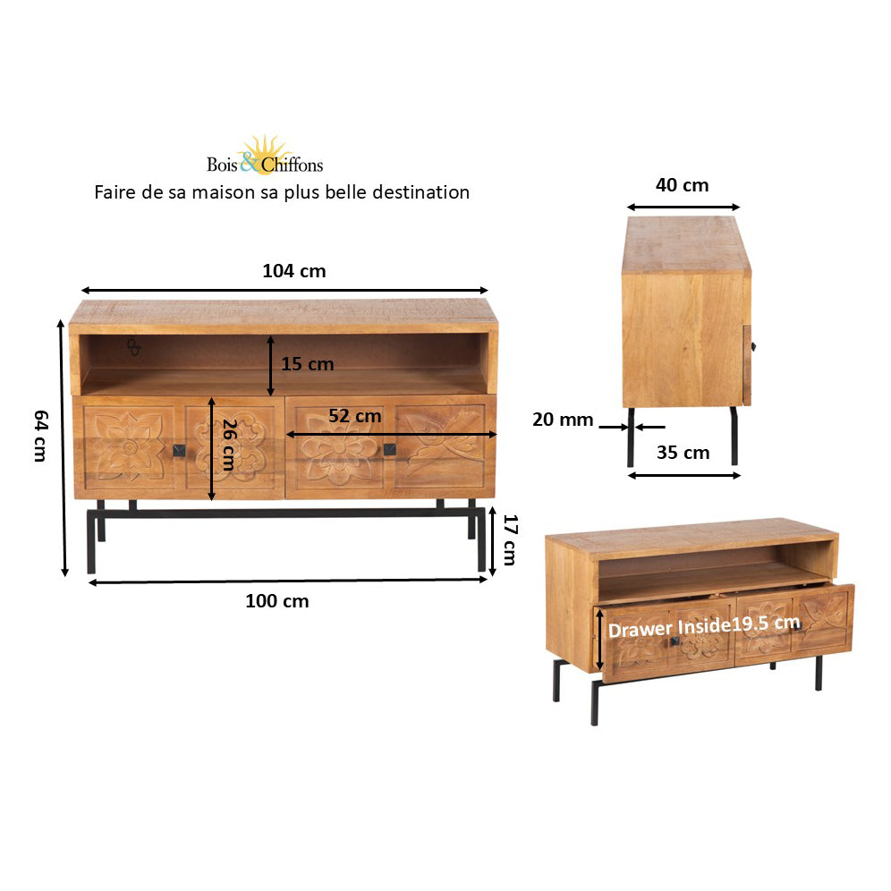 Petit meuble TV 2 tiroirs 104cm | Manguier Sculture II