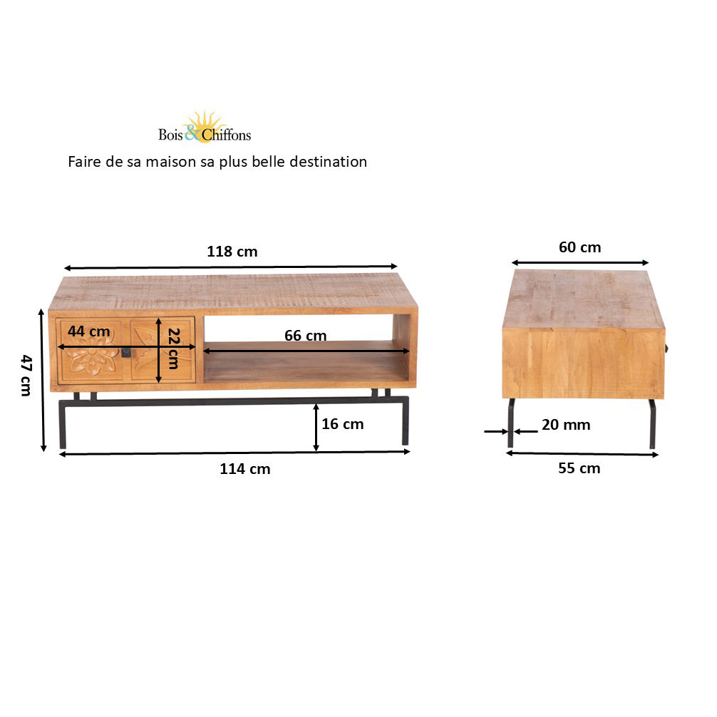 Table basse sculptée 1 tiroir, 1 niche | Manguier Sculture II
