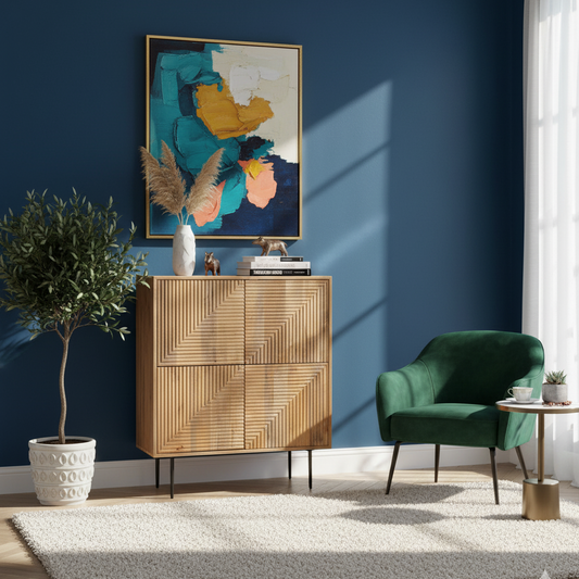 Buffet haut bois sculpté motif géométrique 4P | Manguier Maglan