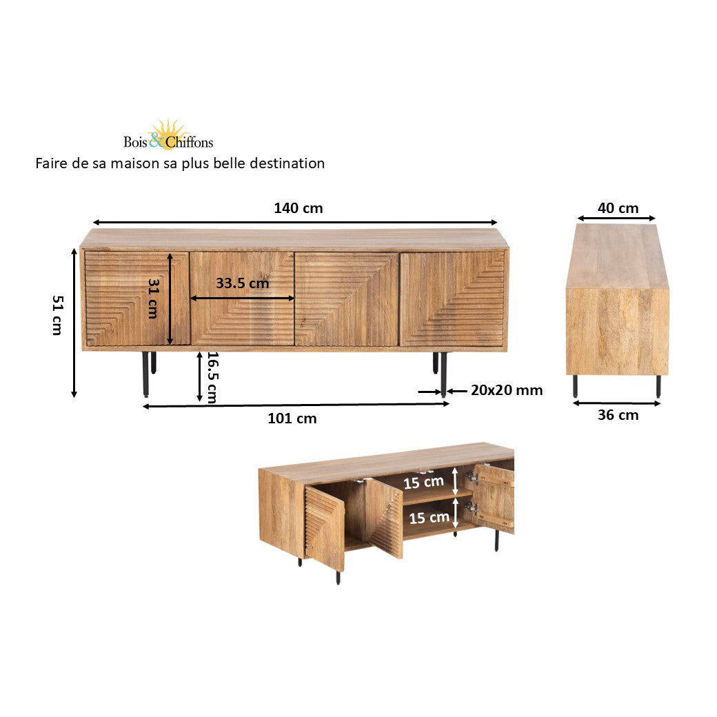 Meuble Tv bois sculpté motif géométrique 4P | Manguier Maglan II