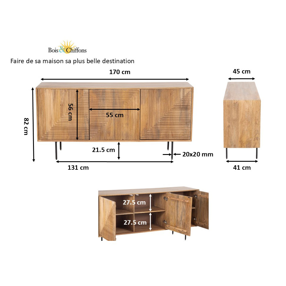 Buffet bas bois sculpté motif géométrique 3P | Manguier Maglan II