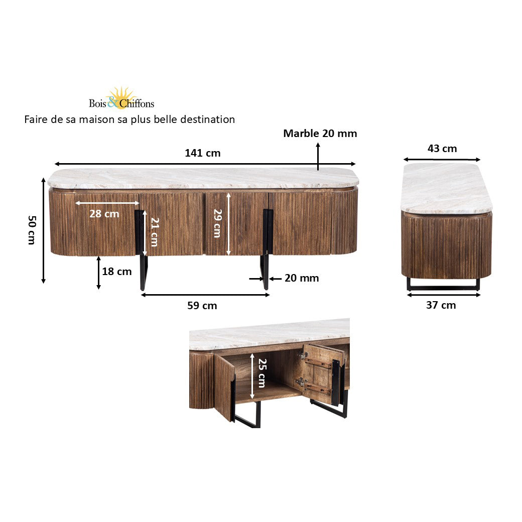 Meuble TV bas 4 portes plateau marbre | Manguier Kfir III