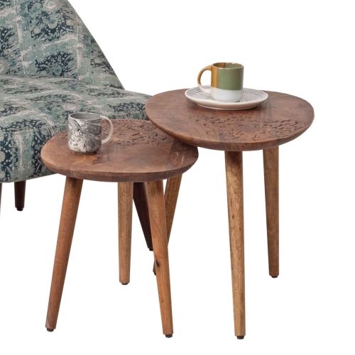 Set 2 tables d'appoint plateau sculpté bois massif | Acacia Adir