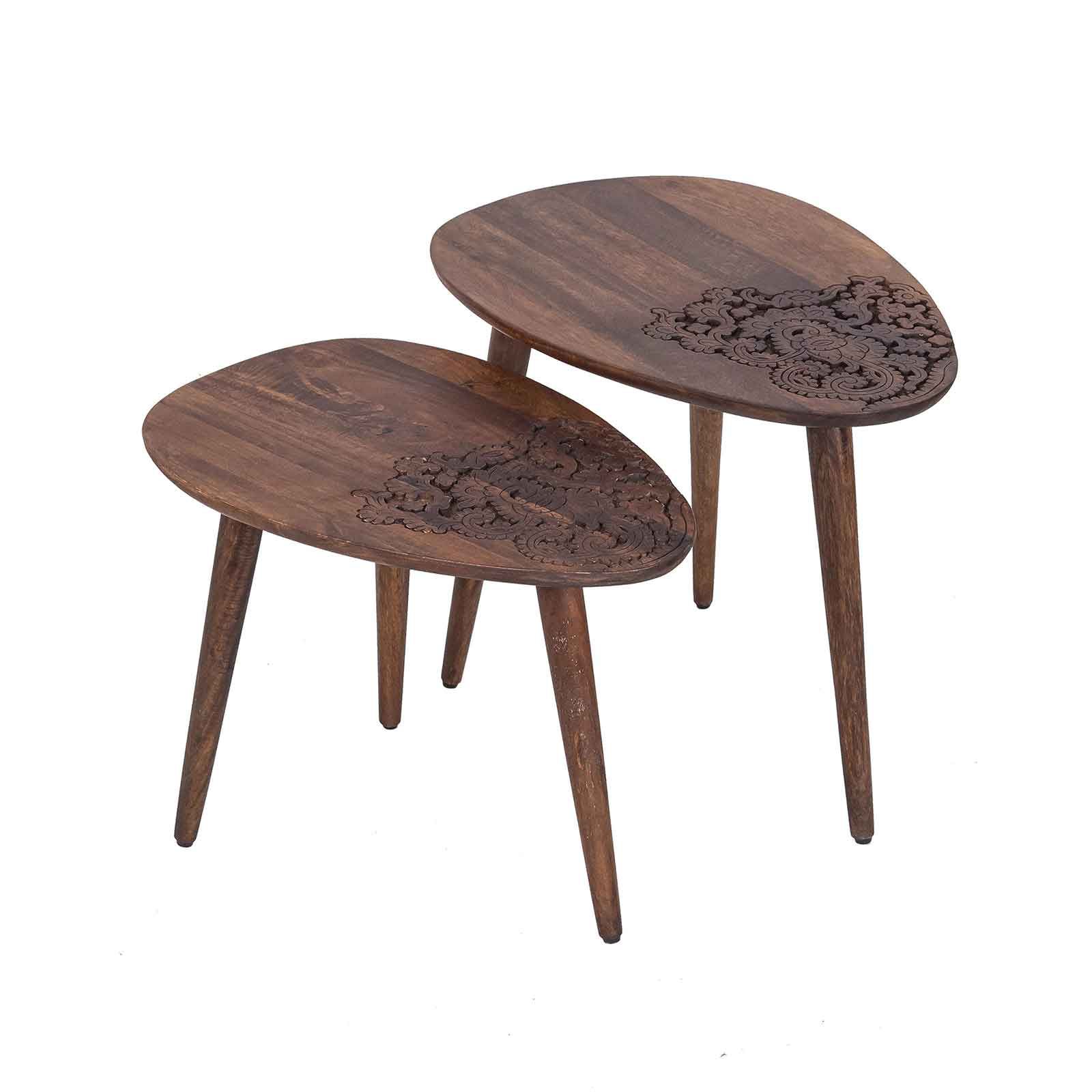 Set 2 tables d'appoint plateau sculpté bois massif | Acacia Adir