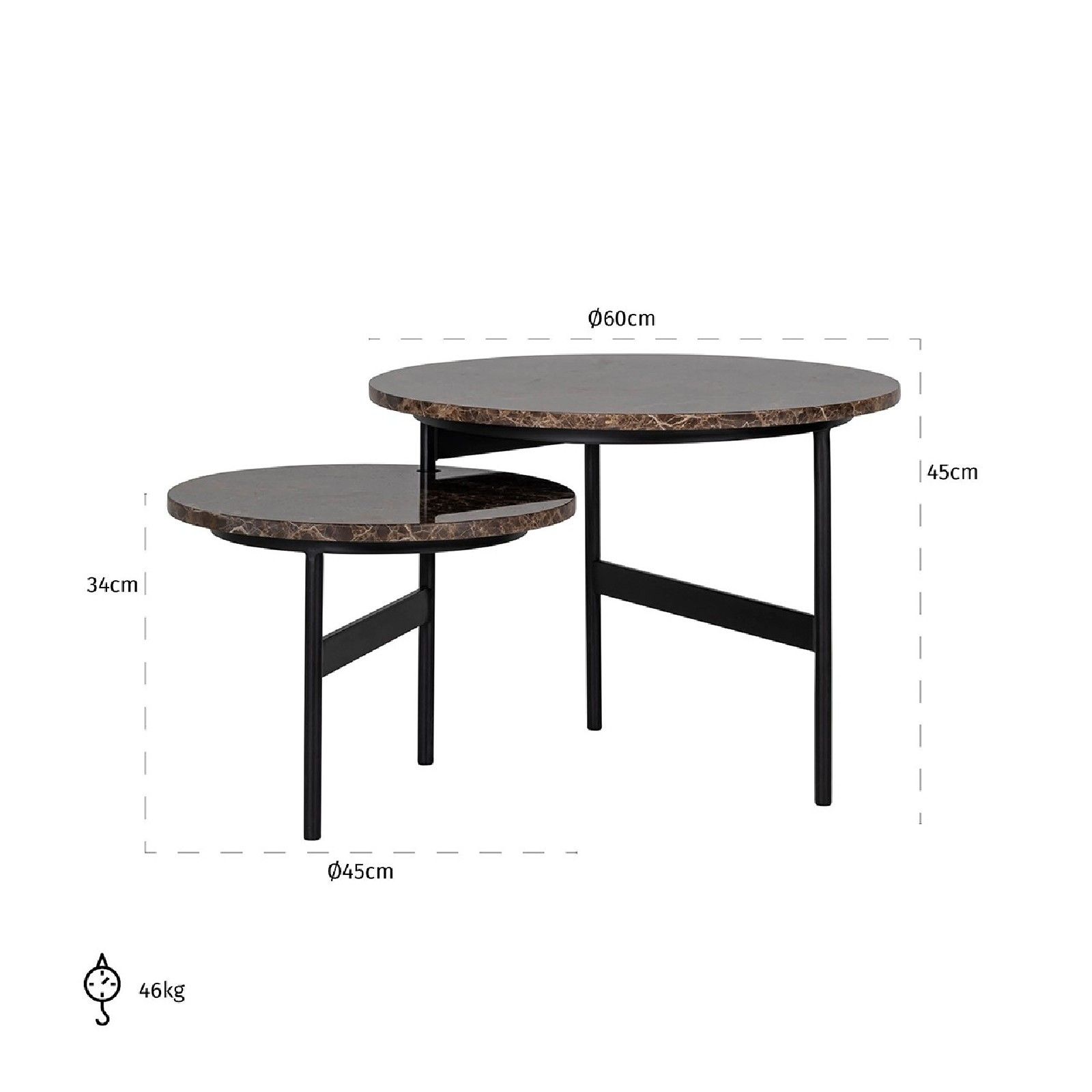 Table basse ronde - 2 plateaux rotatifs - Fer et marbre brun empereur 