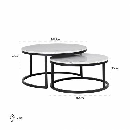 Set de 2 table basse ronde - Fer et marbre blanc "Lexington" Tables basses rondes - 122