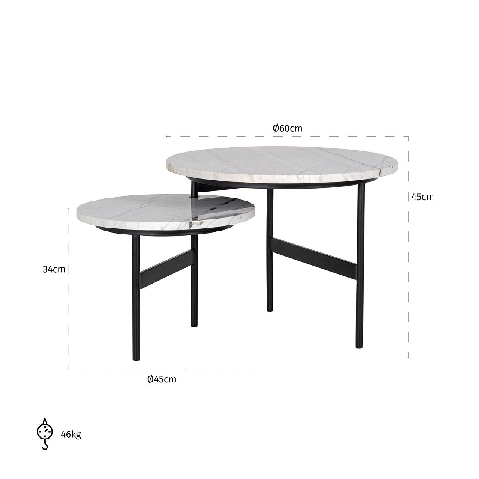 Table basse ronde - 2 plateaux rotatifs - Fer et marbre blanc 