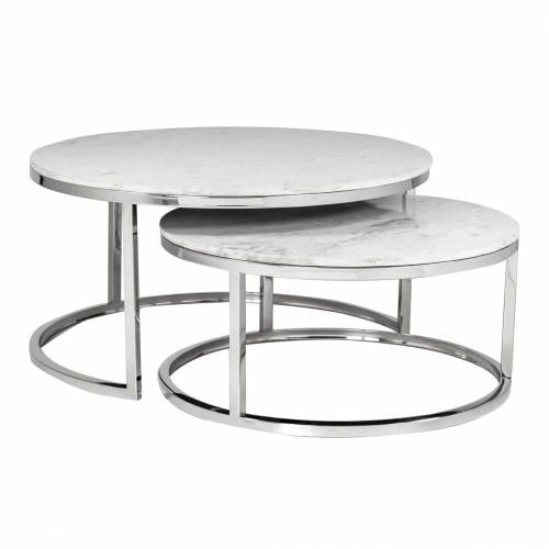 Set de 2 table basse ronde - Inox et marbre blanc "Levanto" Tables basses rondes - 94