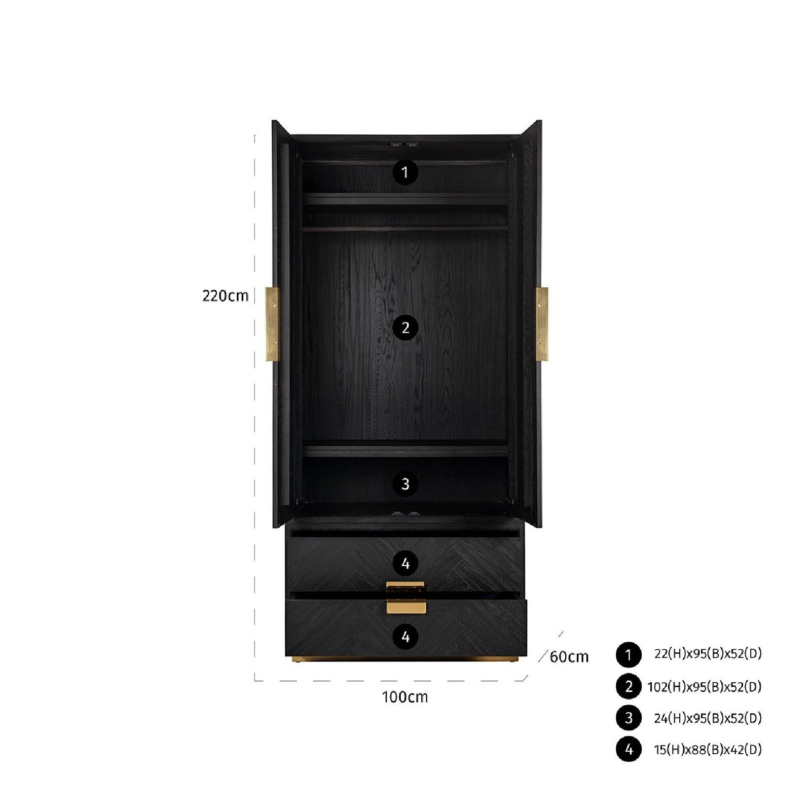Armoire Blackbone gold avec 2-portes 2-tiroirs Pour être utilisé avec des étagères ou suspendus Meuble Déco Tendance - 707