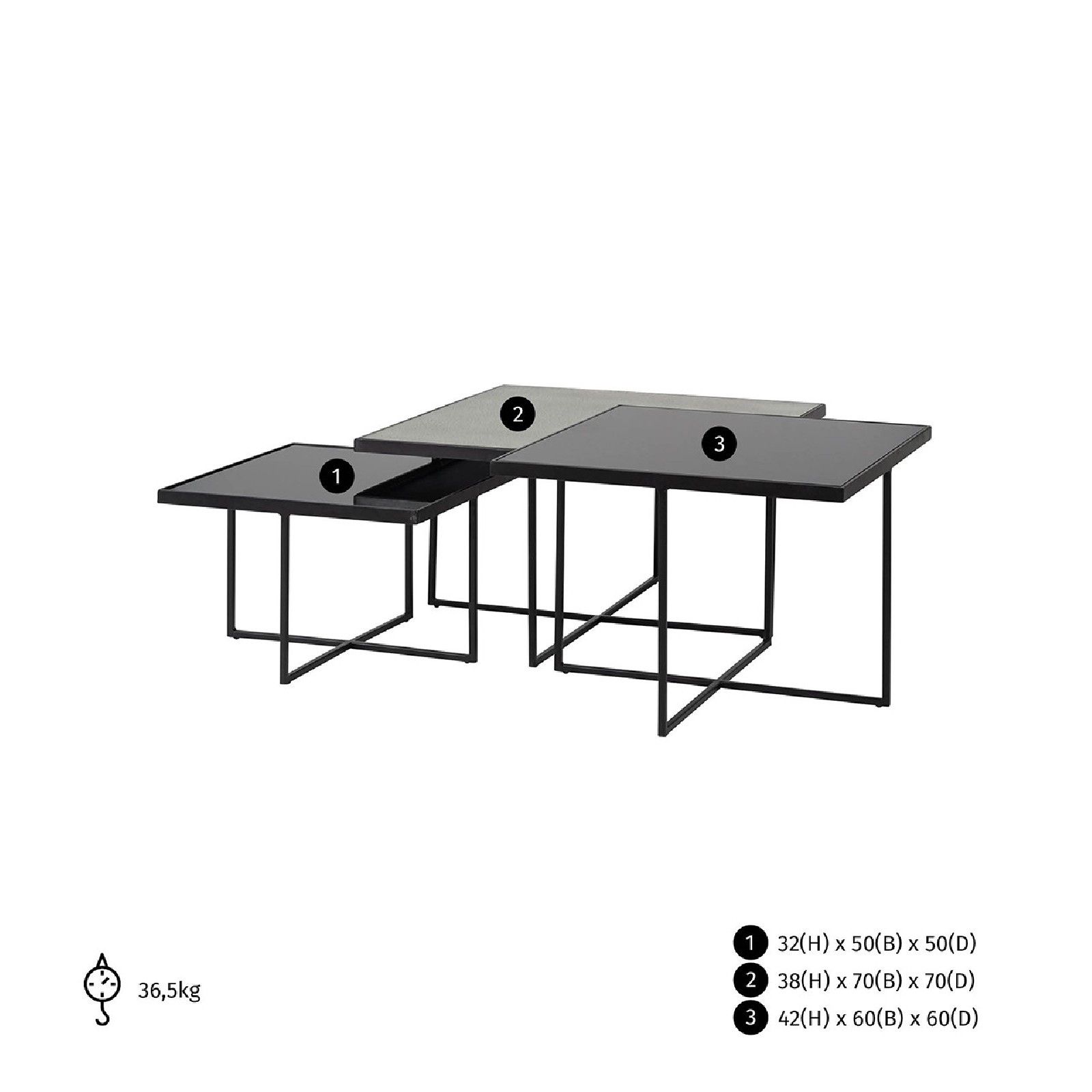 Table de salon Chester set de 3 carrée Tables basses carrées - 64