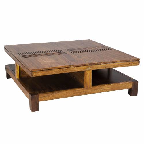 Grande table basse carrée bois sculpté en acacia massif
