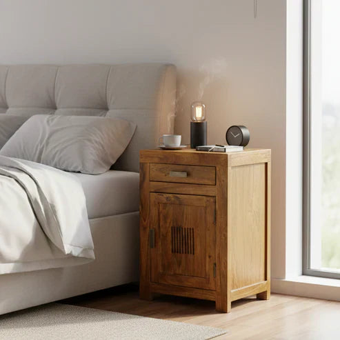 chevet en bois massif en acacia dans une chambre