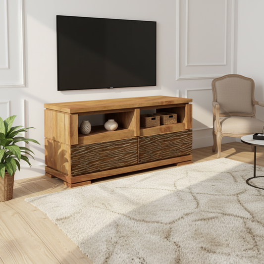 Meuble TV bois sculpté bicolore 130 2T | Acacia Maya