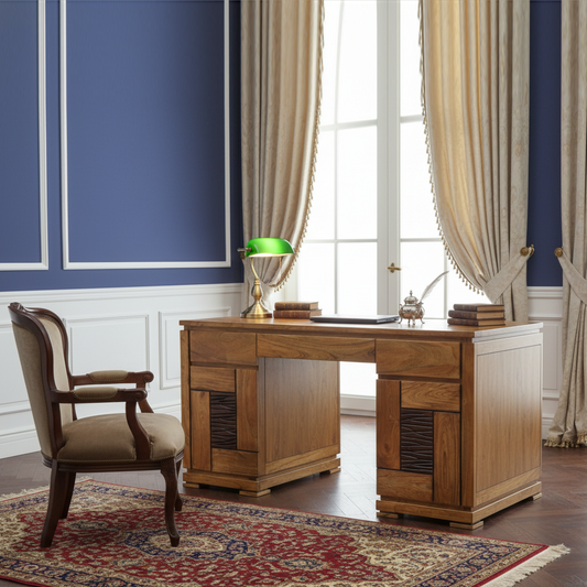 Bureau bois sculpté bicolore 2P 2T | Acacia Maya