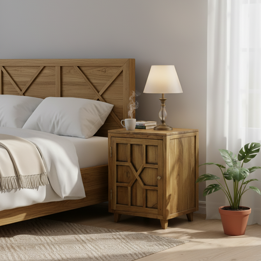 Mesita de noche de madera con diseño arabesco - Bisagra izquierda | Acacia Punjab
