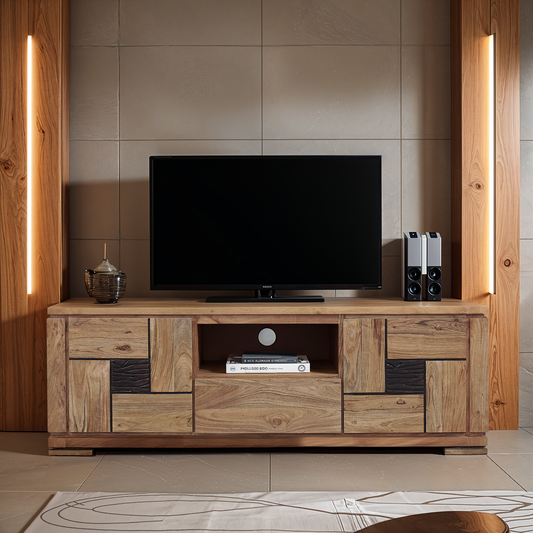 Meuble TV bois sculpté bicolore 160 2P 1T | Acacia Maya