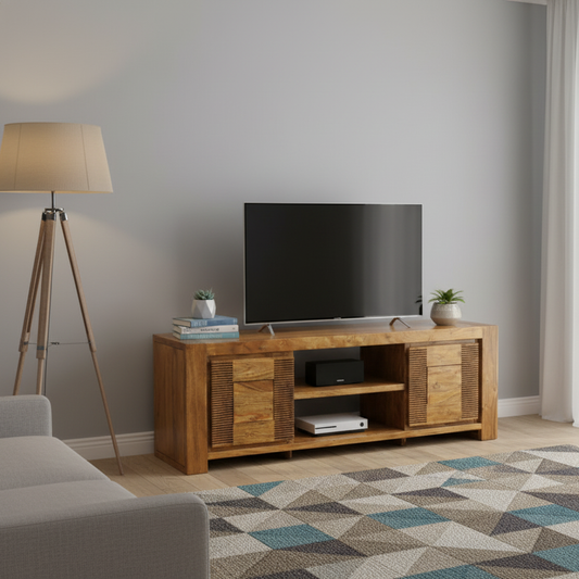 Petit meuble Tv bois strié 2P 2N | Acacia Verone