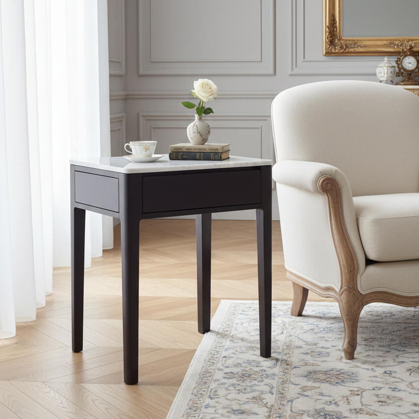 Mesa auxiliar con tapa de mármol y 1 cajón | Madera de mango Amsterdam