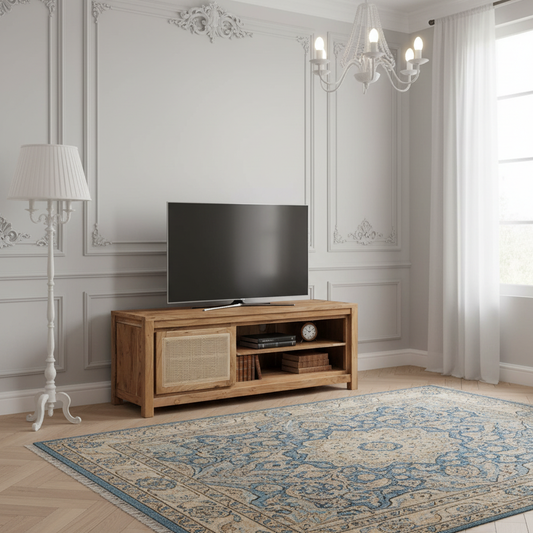 Pequeño mueble de TV de madera natural con puerta de caña | Acacia Tatoo II