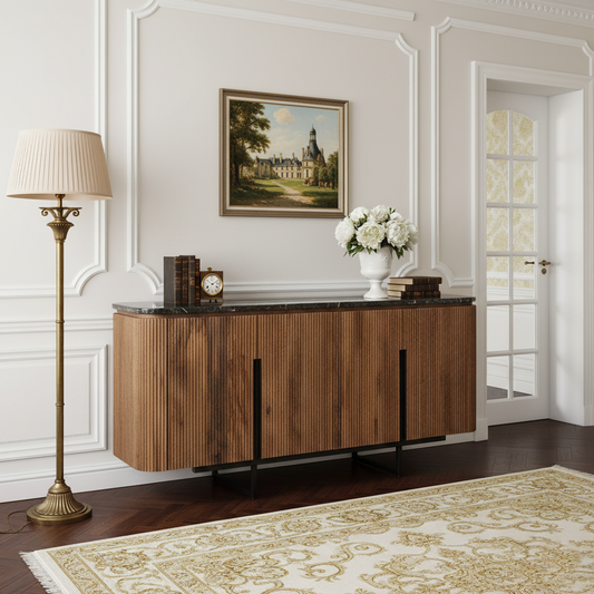 Buffet bois 4P plateau marbre noir | Manguier Kfir