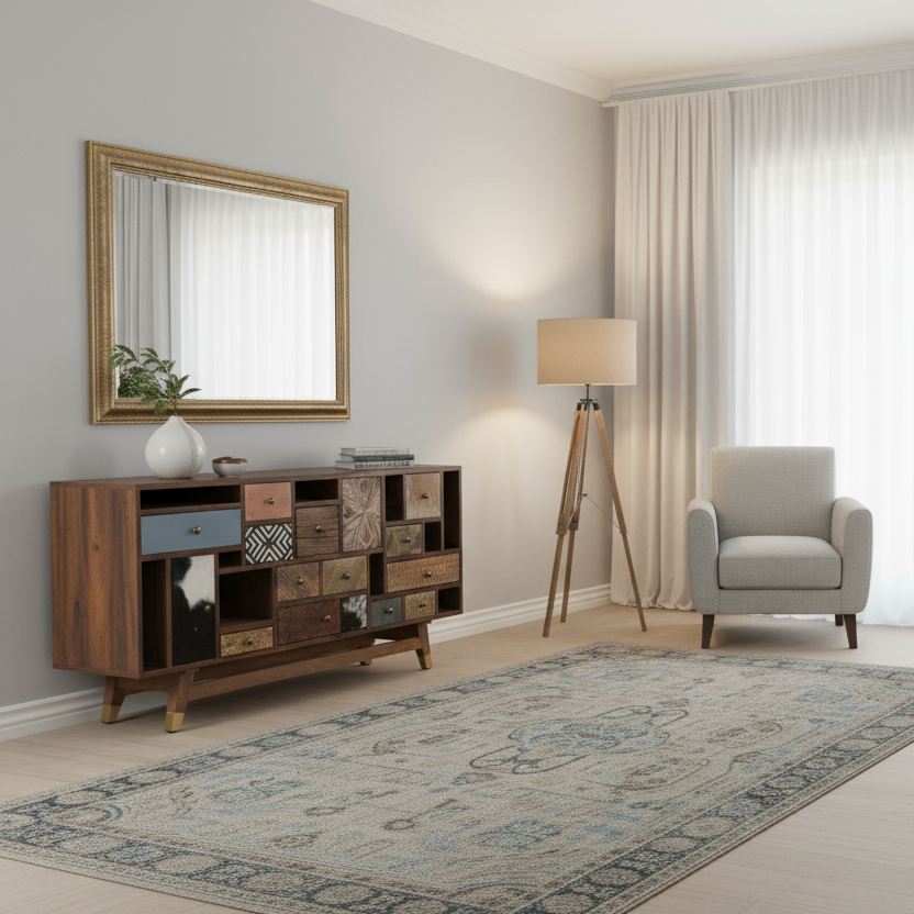 Buffet tiroirs peau de vache bois sculpté | Manguier Terranova
