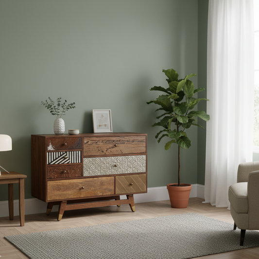 Cómoda multimaterial de piel de vacuno y madera tallada | Terranova Mango