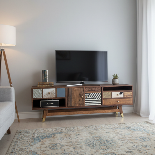 Meuble Tv multi-matériaux peau de vache bois sculpté | Manguier Terranova