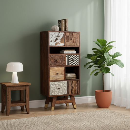 Cómoda multimaterial, piel de vacuno, madera tallada | Terranova Mango
