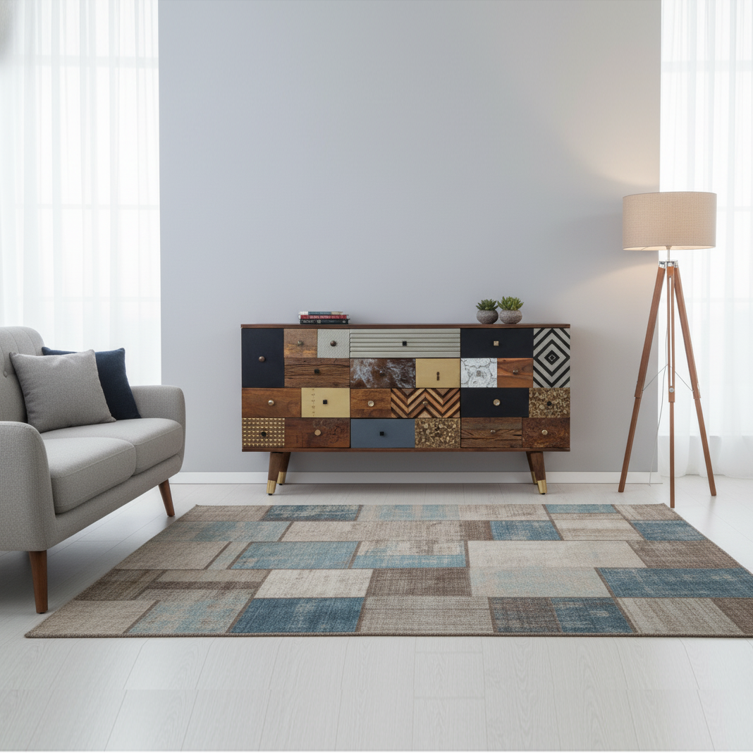 Mueble de entrada multimaterial de madera tallada en piel de vacuno | Terranova Mango