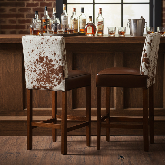 Chaise de bar en acacia et peau de vache | Acacia Savage