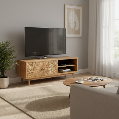 Meuble TV 2 portes 2 niches en bois massif manguier - Floria
