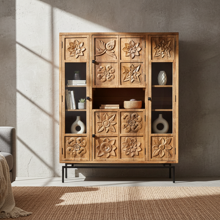Librería de 4 puertas | Escultura de madera de mango