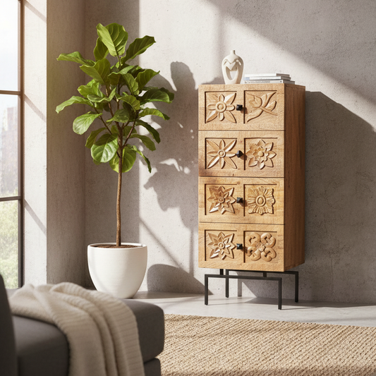 Cómoda de 4 cajones | Escultura de madera de mango