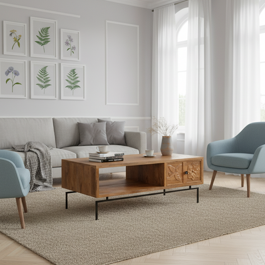 Mesa de centro tallada con 1 cajón y 1 nicho | Talla de madera de mango