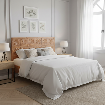 Tête de lit queen size sculptée 160 cm en bois massif manguier - Sculture