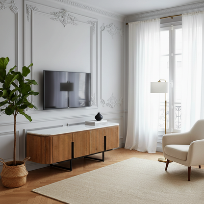 Mueble de TV bajo con 4 puertas y encimera de mármol blanco | Kfir II Mango