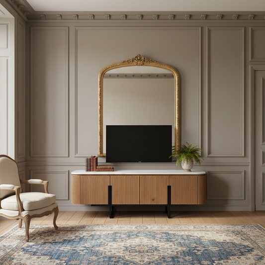 Mueble de TV bajo con 4 puertas y encimera de mármol blanco | Kfir II Mango