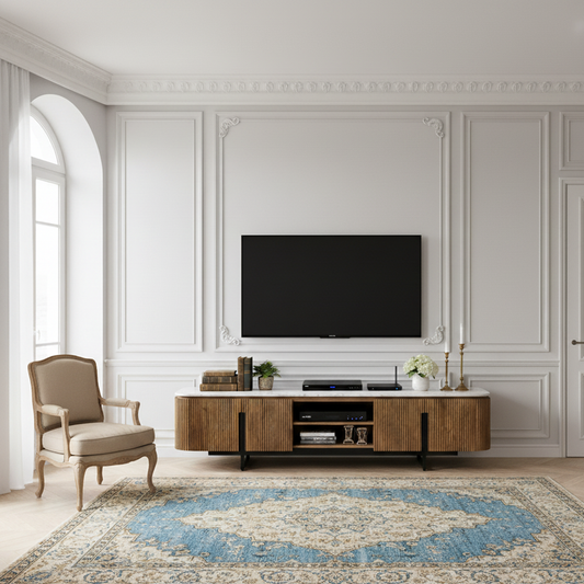 Mueble de TV de 4 puertas, 2 nichos, encimera de mármol blanco | Kfir II Mango