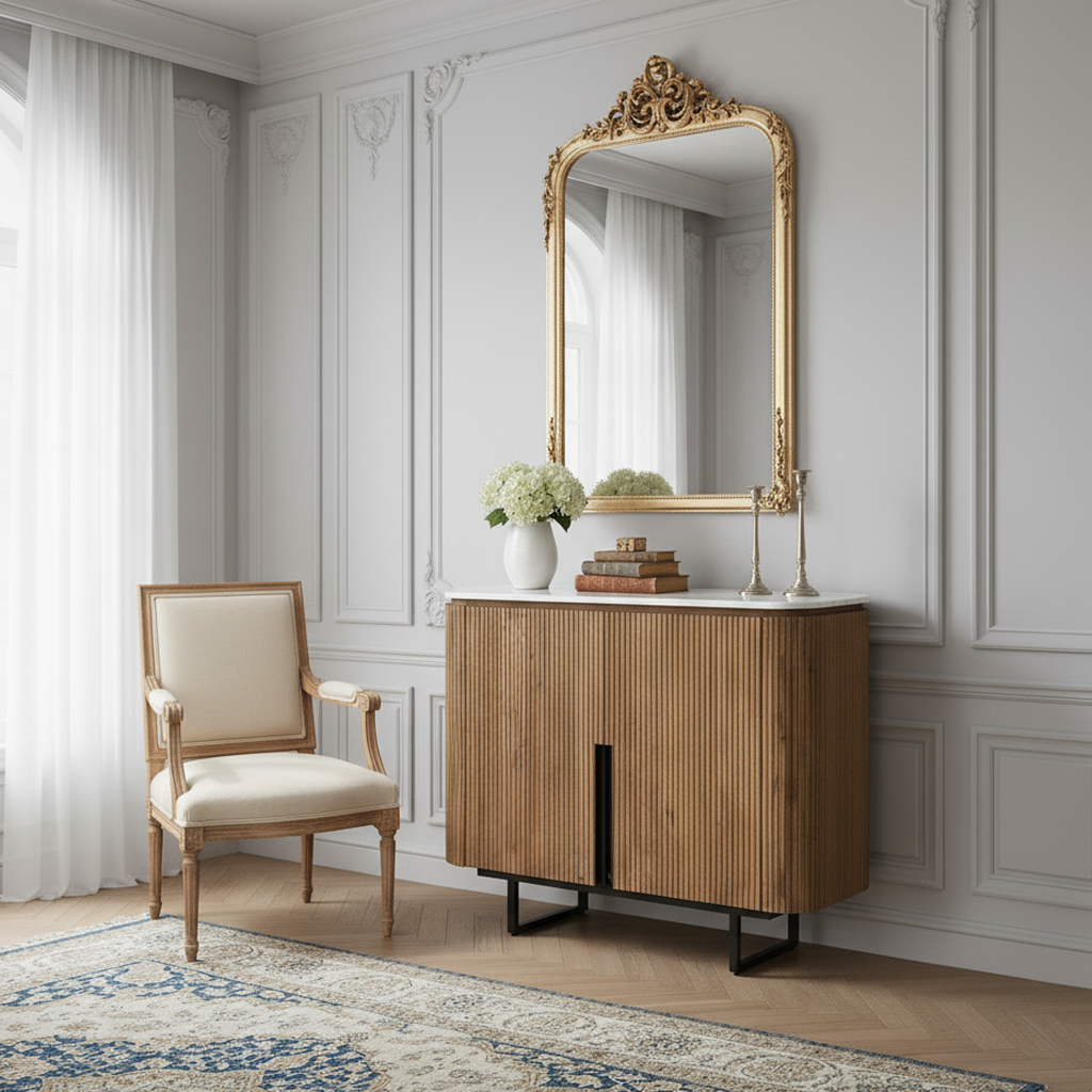 Buffet bas 2 portes plateau marbre blanc | Manguier Kfir II