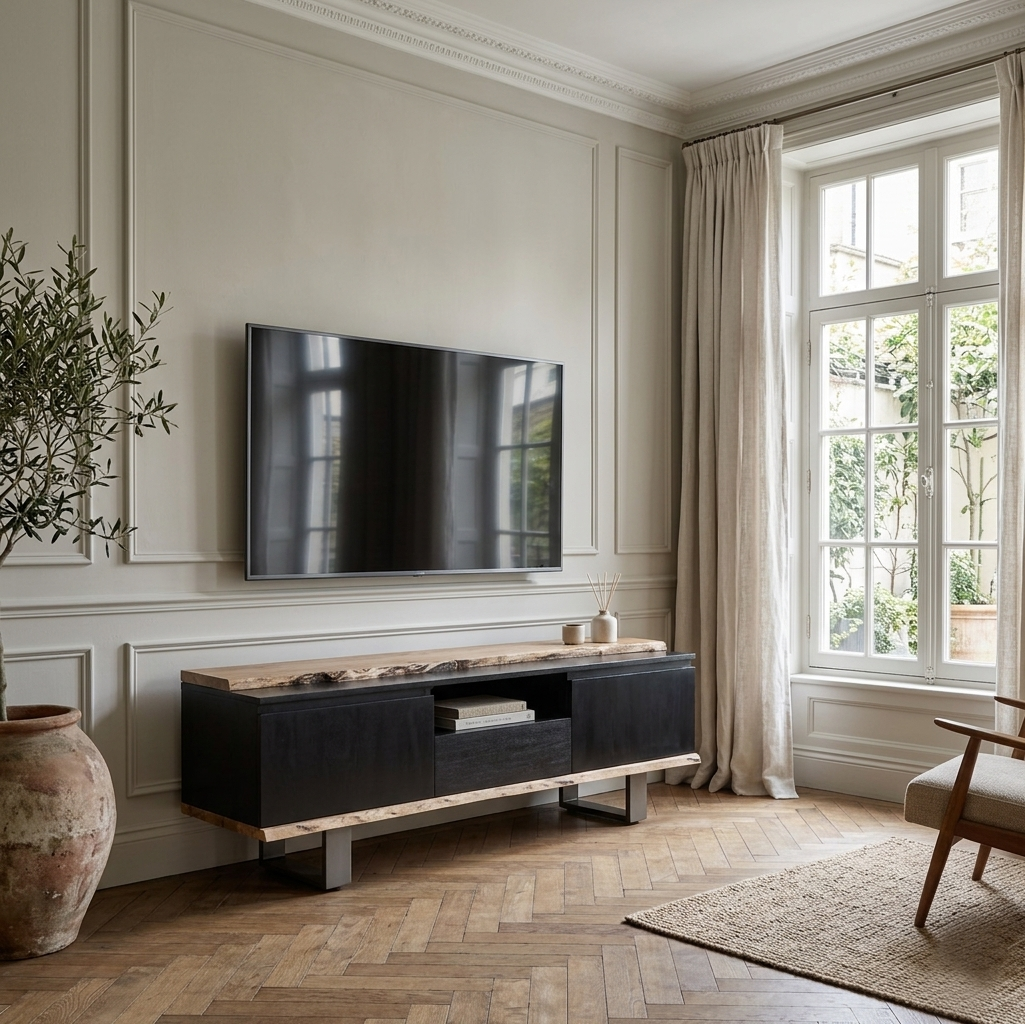 Vue latérale du meuble TV en bois massif acacia black