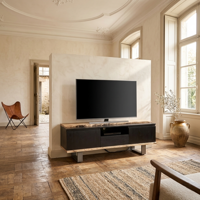 Meuble TV 2 portes 1 tiroirs en bois massif acacia - Black