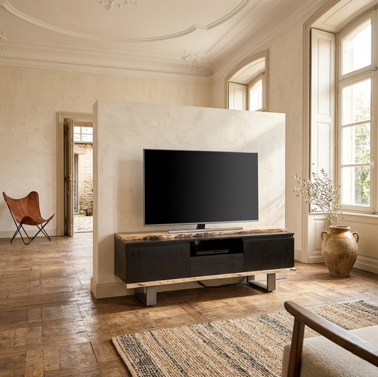 Meuble TV en bois massif acacia black avec deux portes
