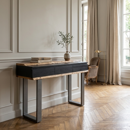 Détail de la console bois massif acacia avec finition noire
