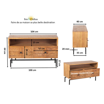 Petit meuble TV 2 tiroirs 104cm | Manguier Sculture II